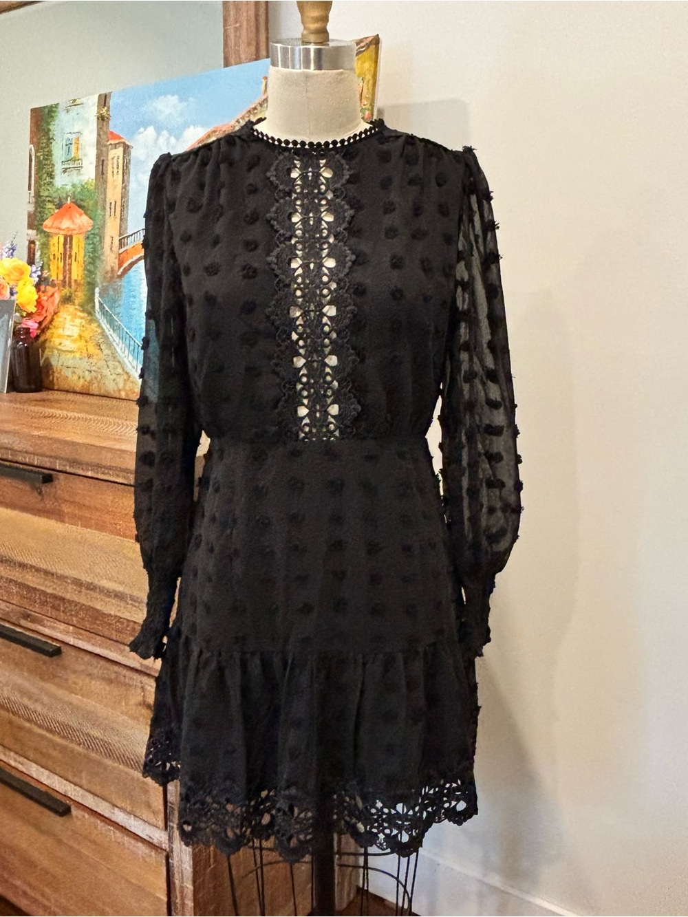 Cupshe Black Swiss Dot Lace-Trim Long Sleeve Mini Dress - Sheer Puff Sleeves